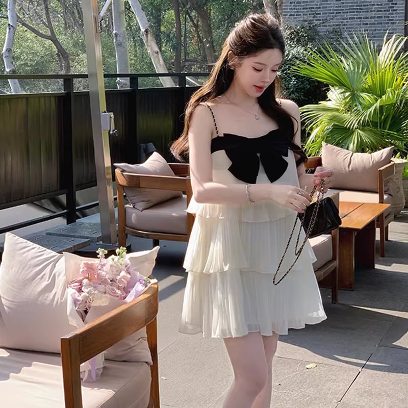 【dress】リボン付きティアードキャミワンピース Q8464