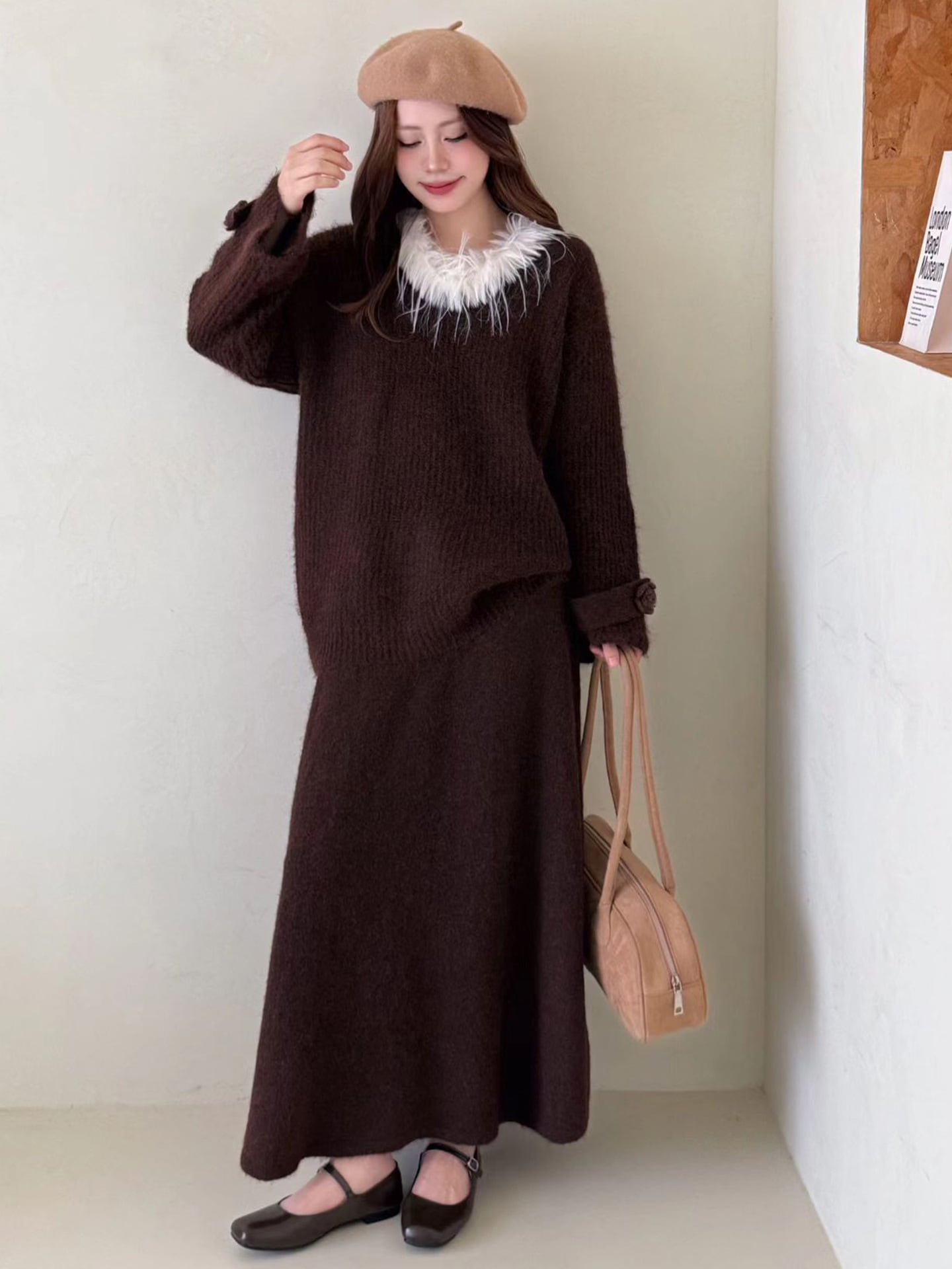 【set】ファーネックニットトップス×ロングスカートセット Q6956