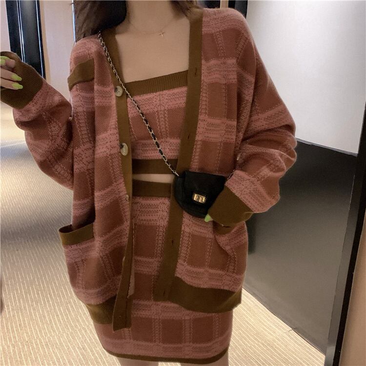 【set】好感度UP!気質満点スウィートカーディガン+キャミソール+スカートオシャレ3点セット G2816