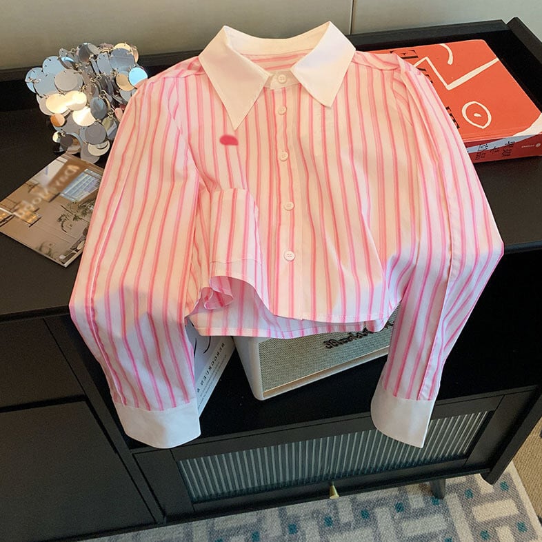 【tops】POLOネックストライプ柄ブラウスG20657