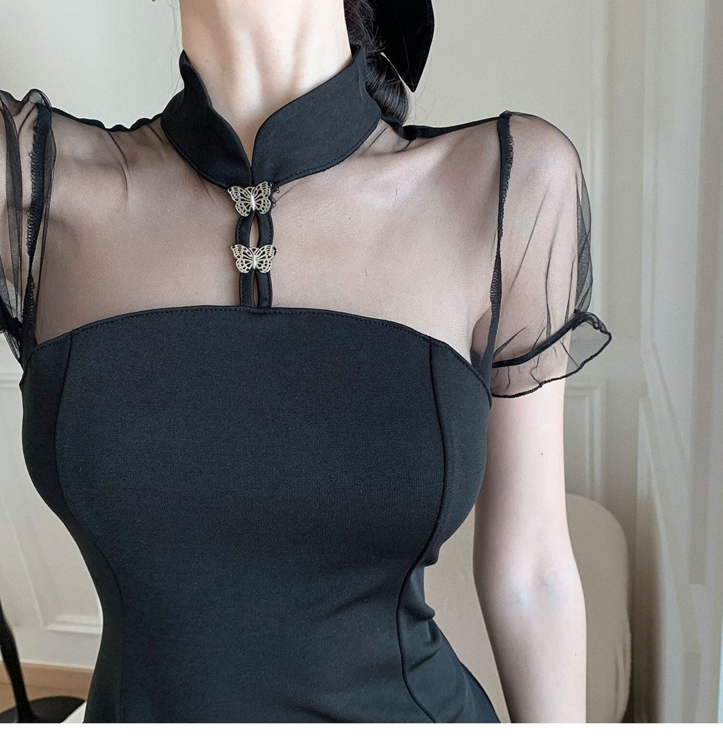 【dress】メッシュ切り替えスリットワンピース G21310