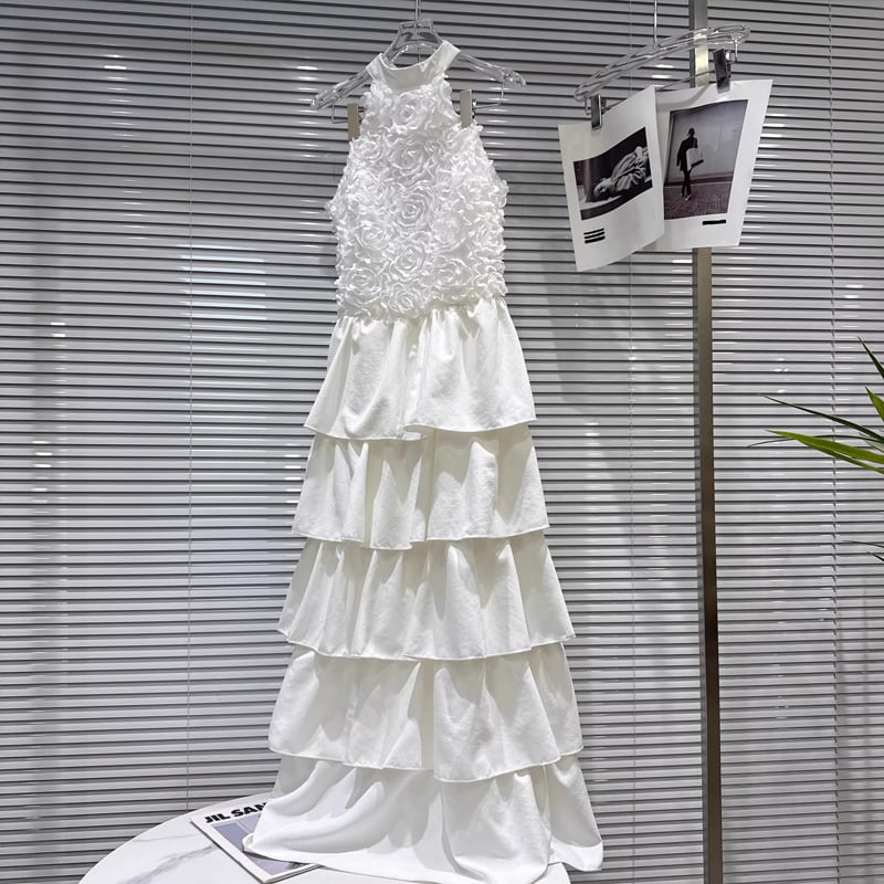 【dress】ホルターネックロングティアードワンピース Q8101