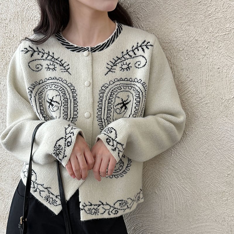 【outer】刺繡柄ニットコート Q7032