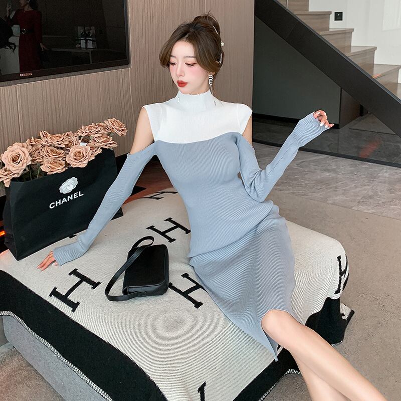 【dress】配色ドッキングオフショルダーニットワンピース　M18121