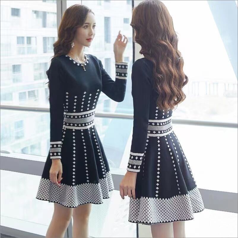 【dress】見逃し厳禁ラウンドネック長袖Aライン体型カバー韓国ファッション配色ワンピースF1415