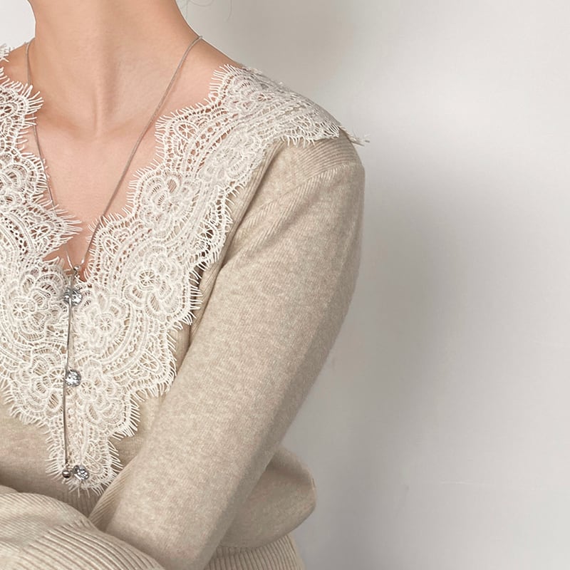 【tops】Vネックレースドッキングニットトップス Q7241