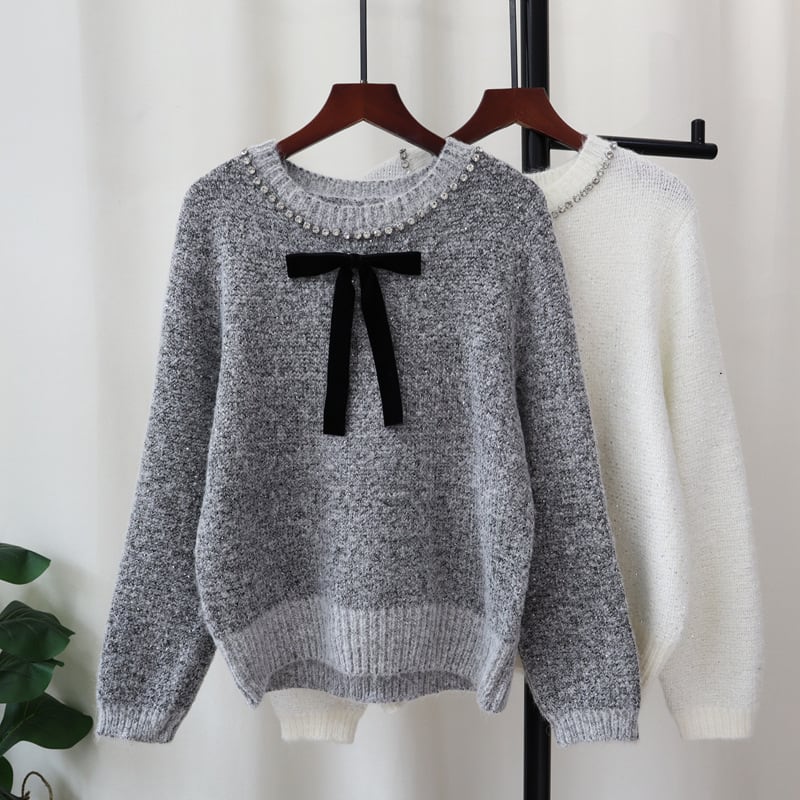 【tops】ビジューリボン付きニットセーター　M28375
