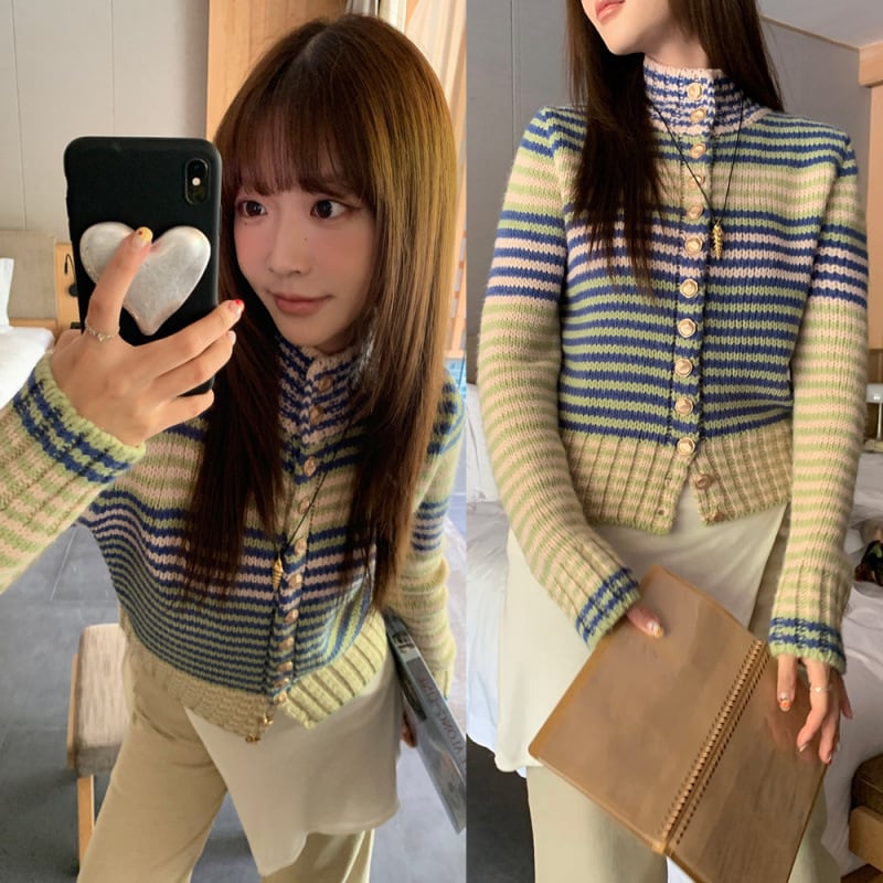 【outer】ボーダー柄ニットカーデ　M27351