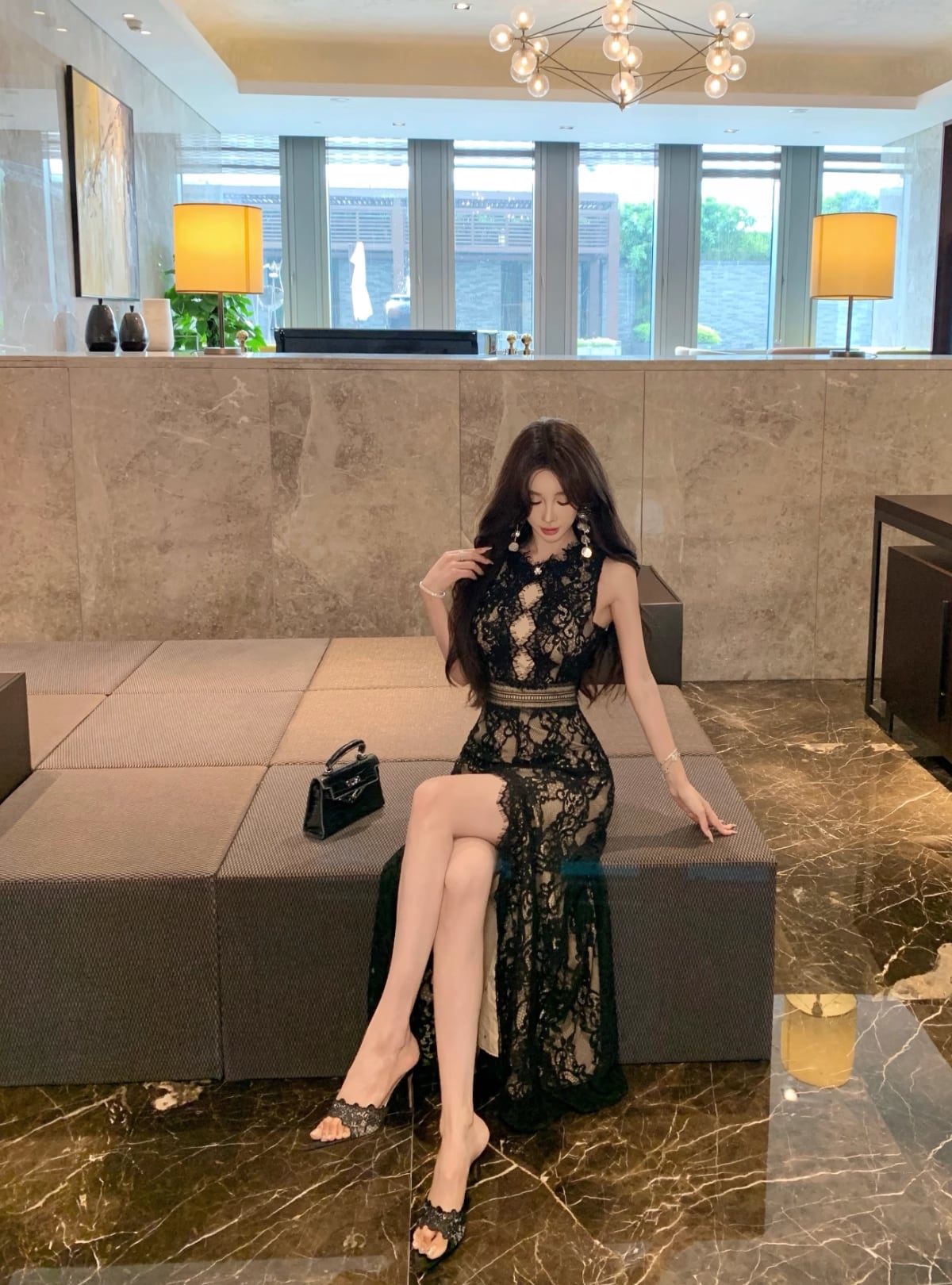 【dress】バックオープンスリットレースワンピース　M32516