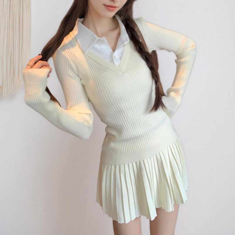 【set】フェイクレイヤードニットトップス×プリーツスカートセット Q6719