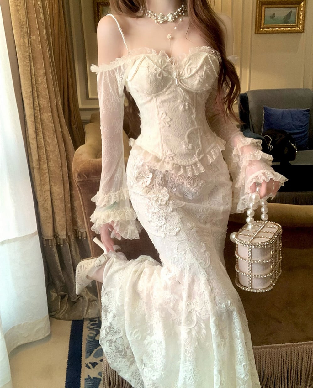 【set】ベルスリーブレーストップス×マーメイドスカートセット N3414