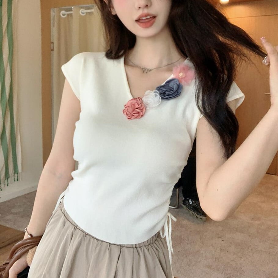 【tops】立体フラワーニットTシャツ　M24271