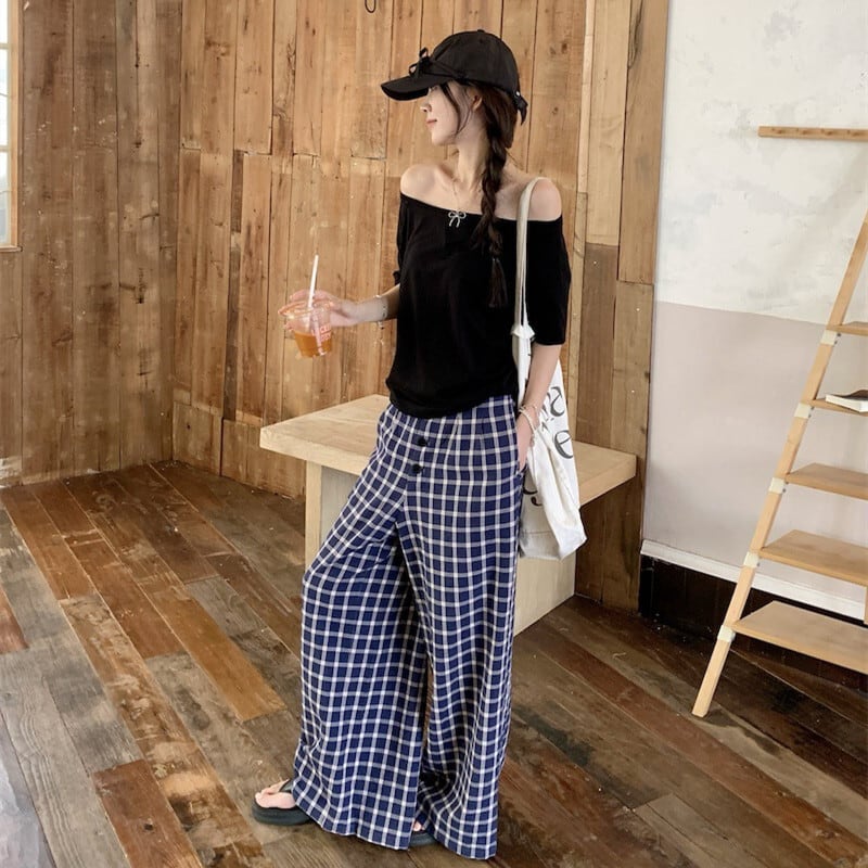 【set】Tシャツ×チェック柄パンツセット　M25040