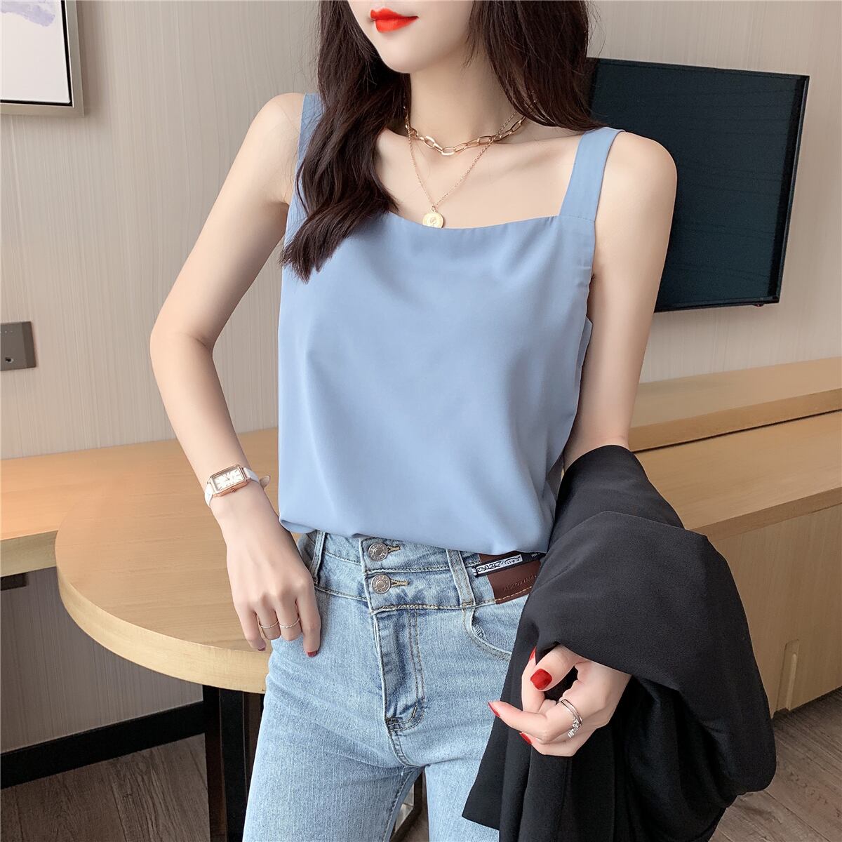 【tops】店長推薦3色夏新作韓国風INS風スクエアネック無地着回しキャミソールF1996
