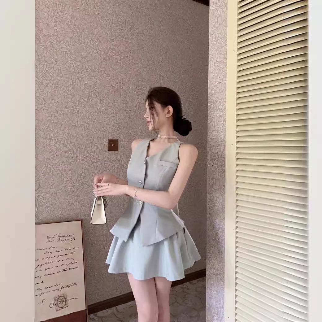 【set】Vネックリボンスーツチョッキ+スカート２点セットG21405