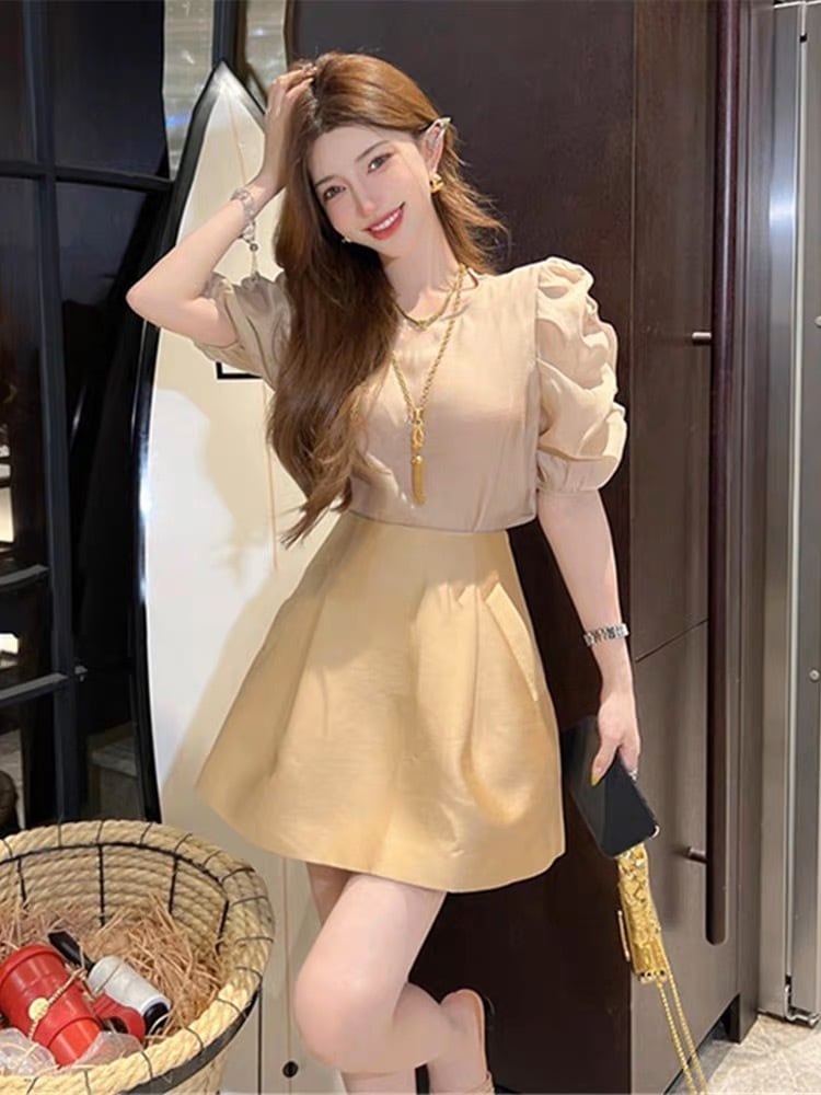 【set】半袖パフ袖ブラウス+スカート2点セットF7529