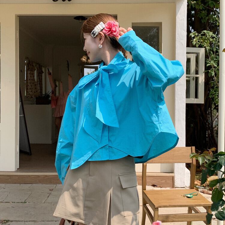 【tops】リボン付きシャツブラウス　M29818