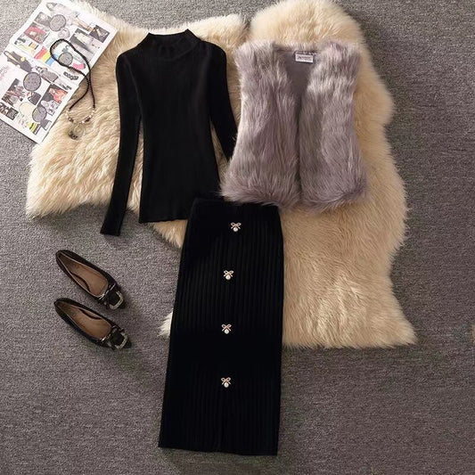 【set】セットベスト+セーター+スカート3点セットアップF1291