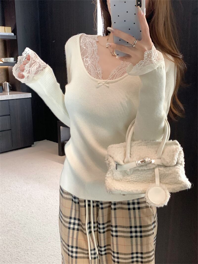 【tops】レースドッキングニットトップス　N2897