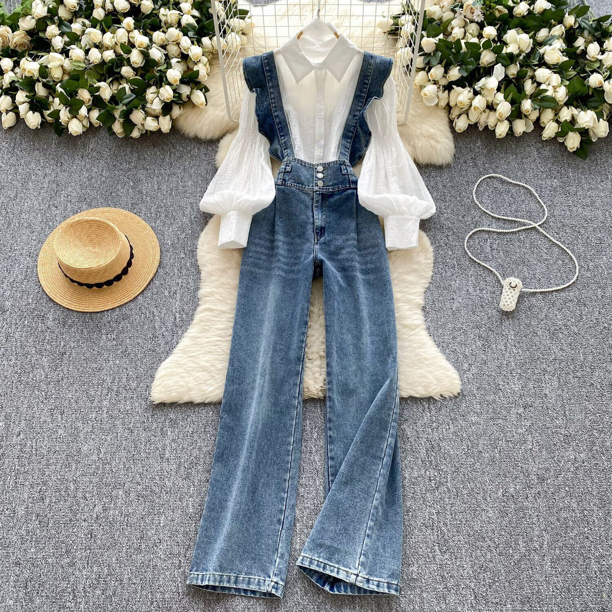 【set】シャツトップス×サロペットデニムパンツセット　M29710