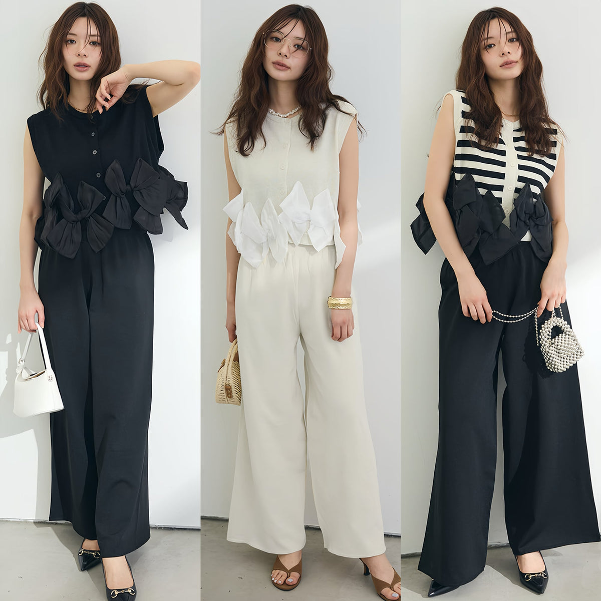 【set】リボンノースリーブトップス×ワイドパンツセット     N3559