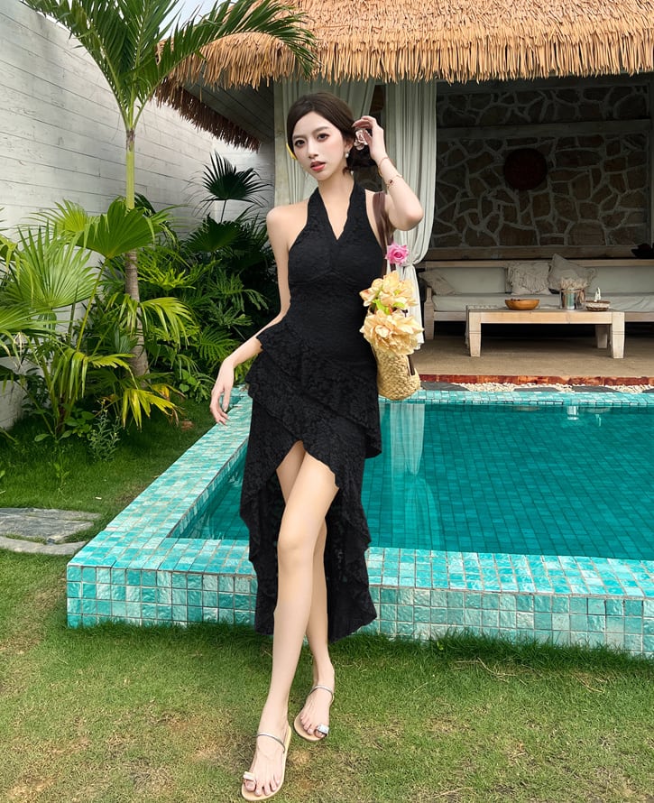 【dress】ホルターネックイレヘムレースワンピース Q8414