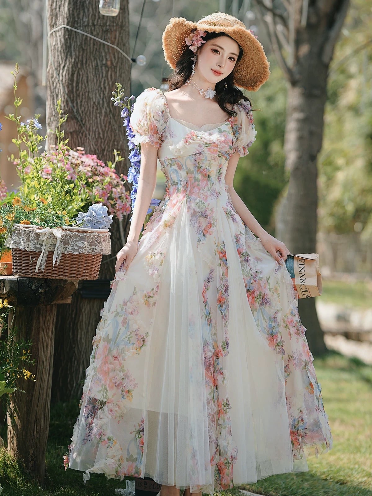 【dress】立体フラワーチュールドッキングロングワンピース　K0556