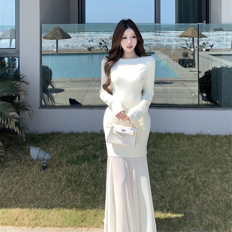 【dress】チュールコンビボートネックマーメイドワンピース　M29764
