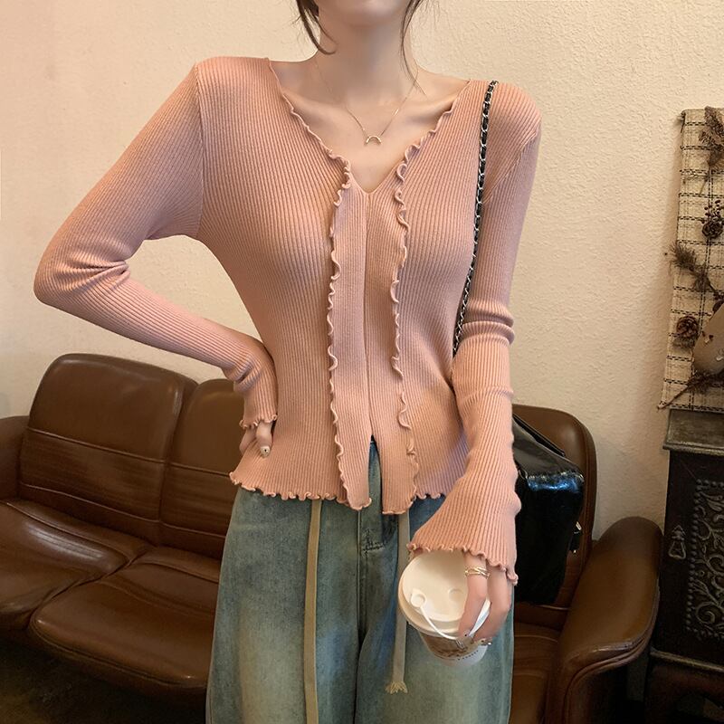 【tops】Vネックフリルニットトップス　M18839