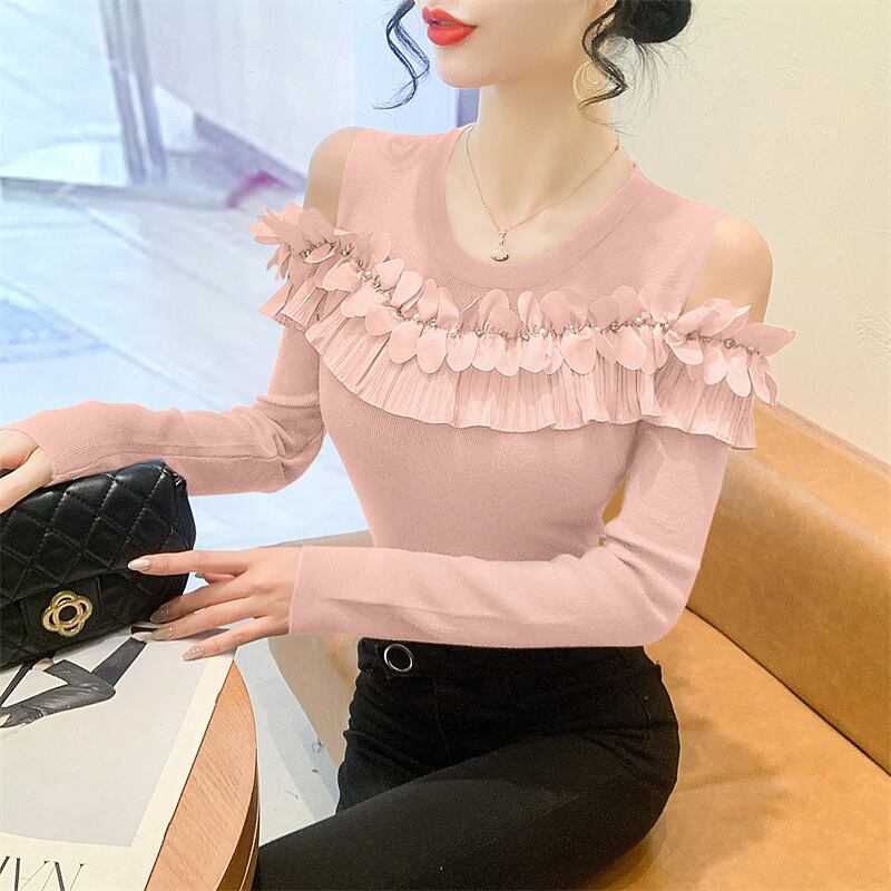 【tops】フリルオフショルダーニットトップス　M27519