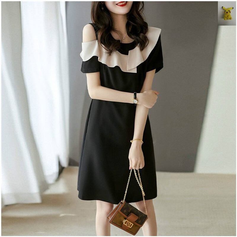 【dress】美感いっぱい? ?オフショルダーフリルデザイン配色デートワンピースF0048