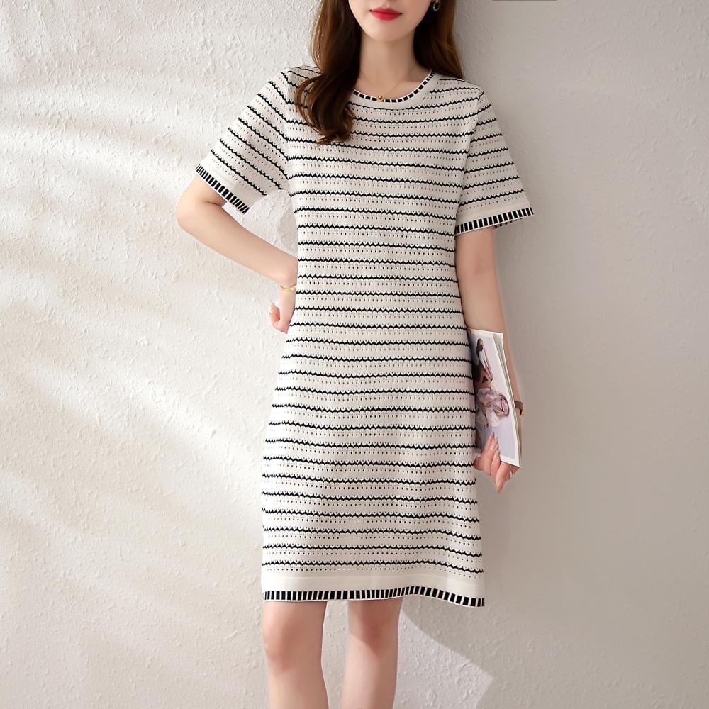 【dress】ストライプ柄ニットAラインワンピース G21126