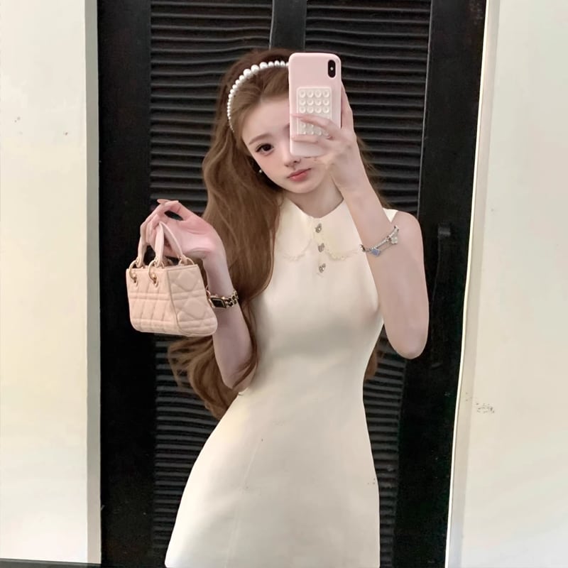 【dress】バックリボンレースドッキングミニワンピース Q8390