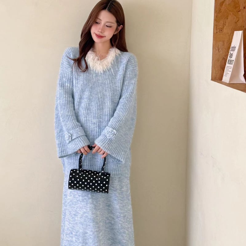 【set】ファーネックニットトップス×ロングスカートセット Q6956