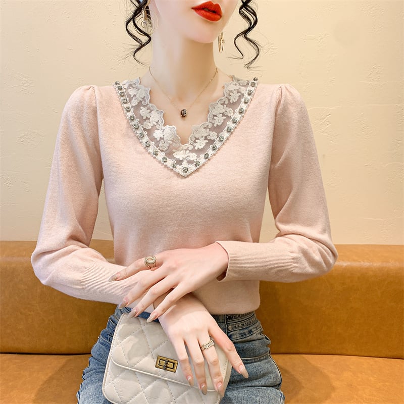 【tops】Vネックレース切り替えニットトップス　M28260