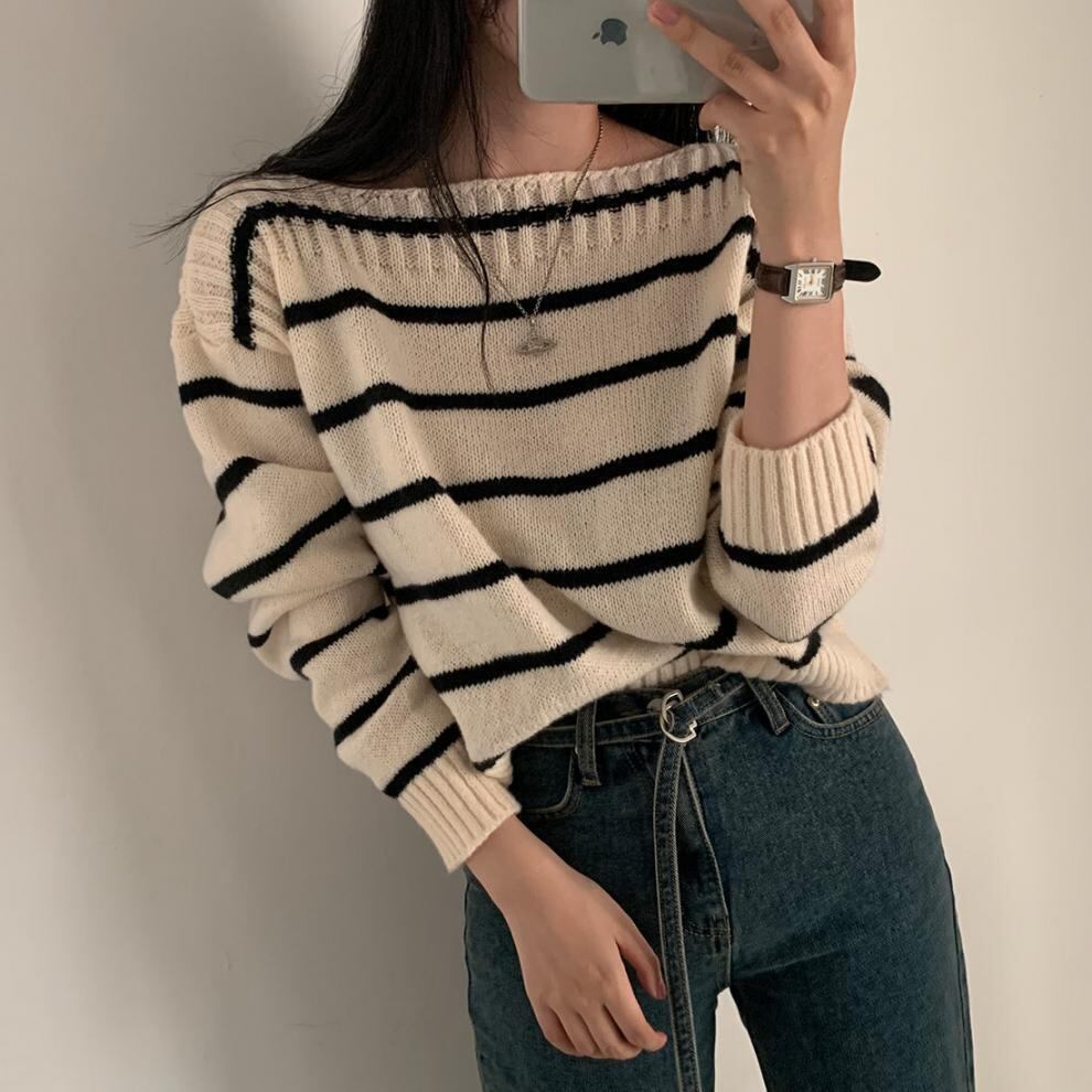 【tops】ボーダー柄ニットセーター　M27493