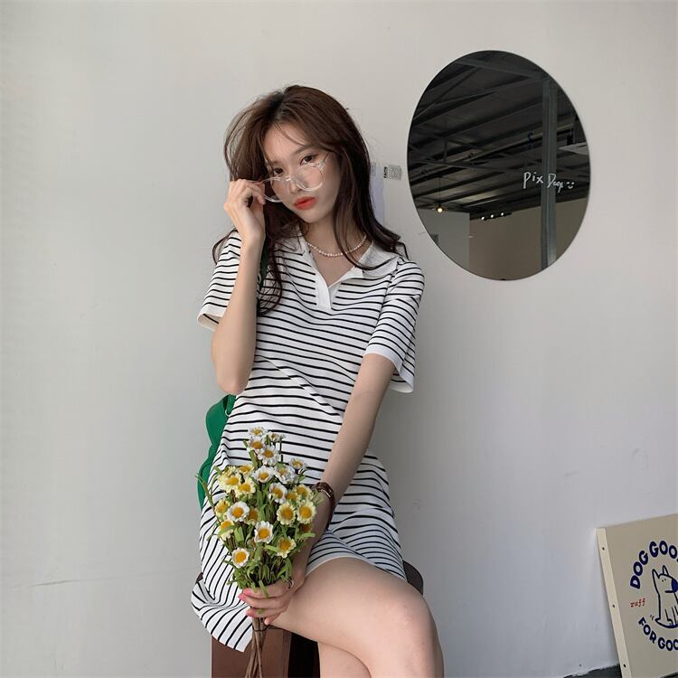 【dress】韓国風スウィートVネック着痩せストライプ柄ニットワンピース G0210