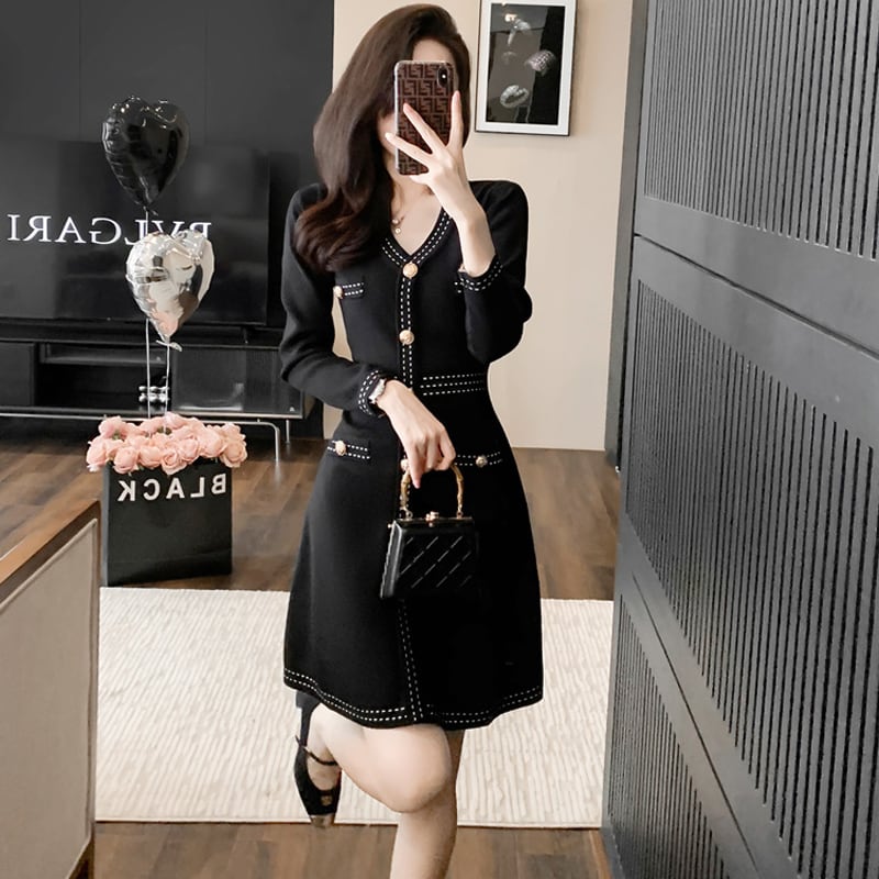 【dress】Vネックニットワンピース Q6810
