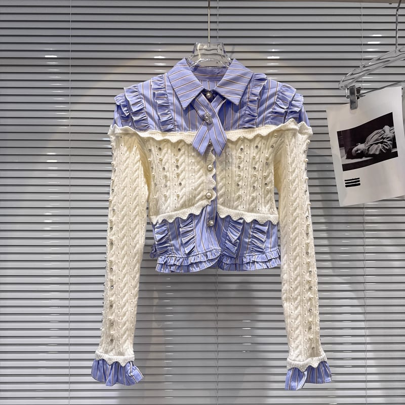 【tops】パール付きニットドッキングシャツ Q7541