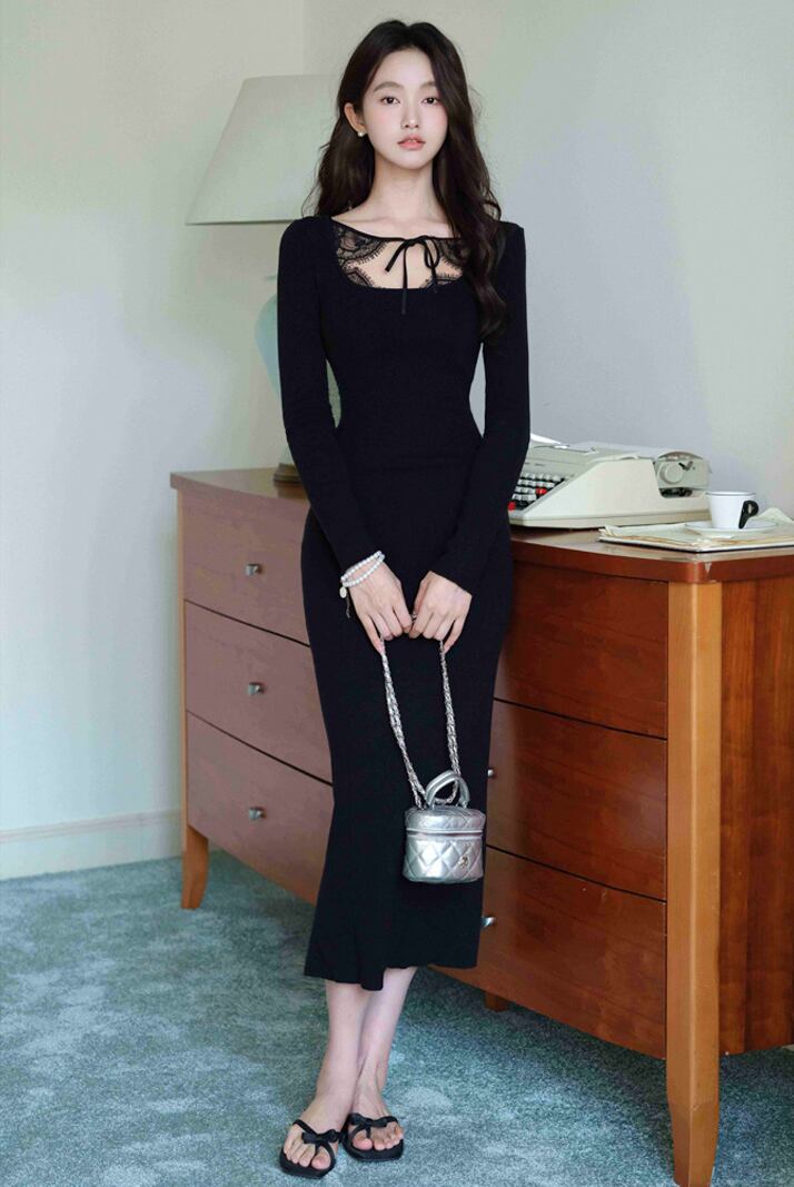 【dress】スクエアネックニットワンピース Q7047