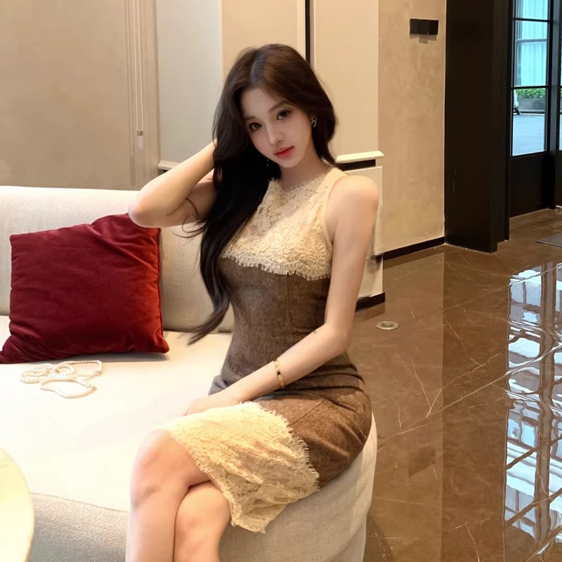 【dress】ノースリーブレースドッキングワンピース Q8023