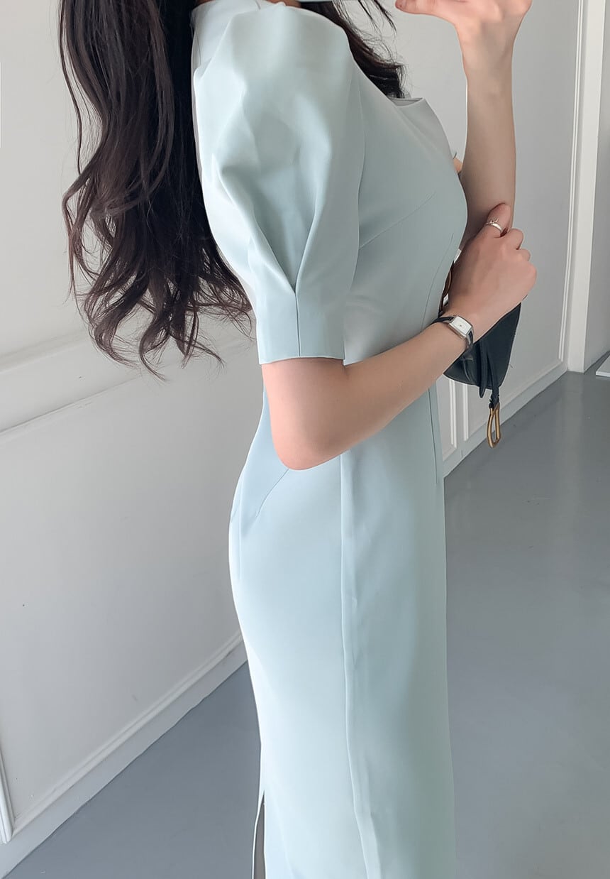 【dress】韓国風着痩せスクエアネックパフスリーブスリット気質満点ワンピース