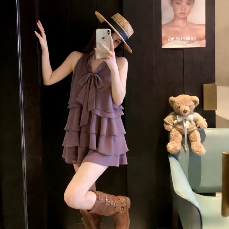 【set】ノースリーブギャザーフリルトップス×ショートパンツセット Q8370