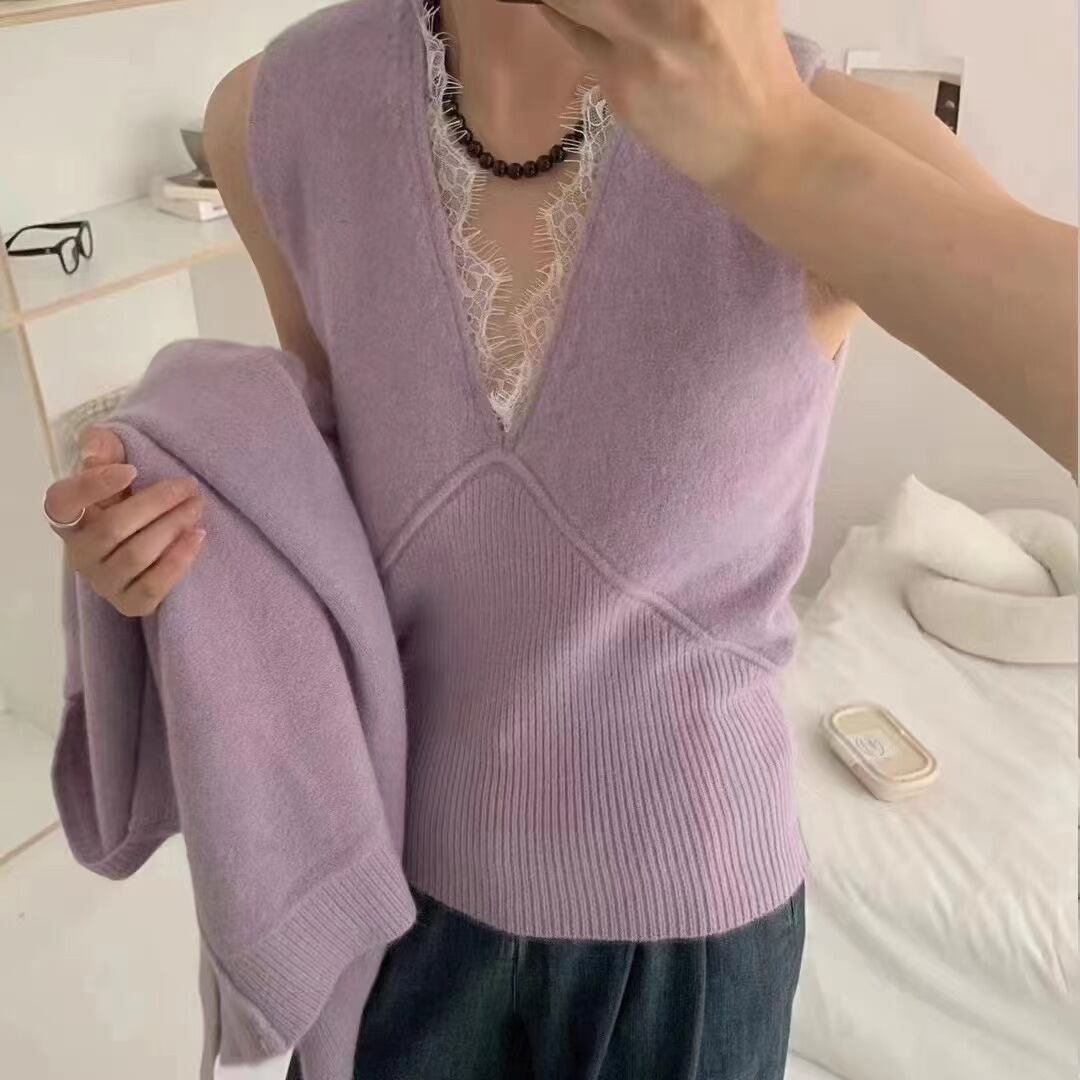 【tops】レース切り替えノースリトップス×カーディガンセット　N2155