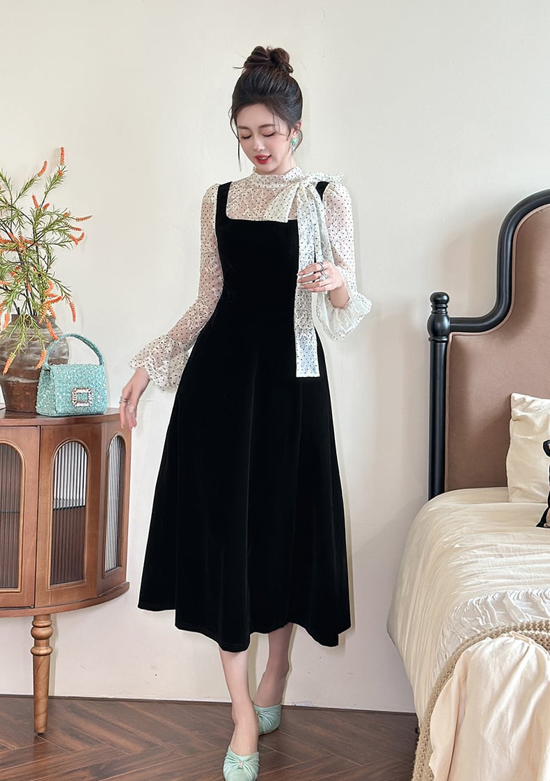 【dress】ドット柄チュールドッキングベルベットワンピース Q7365