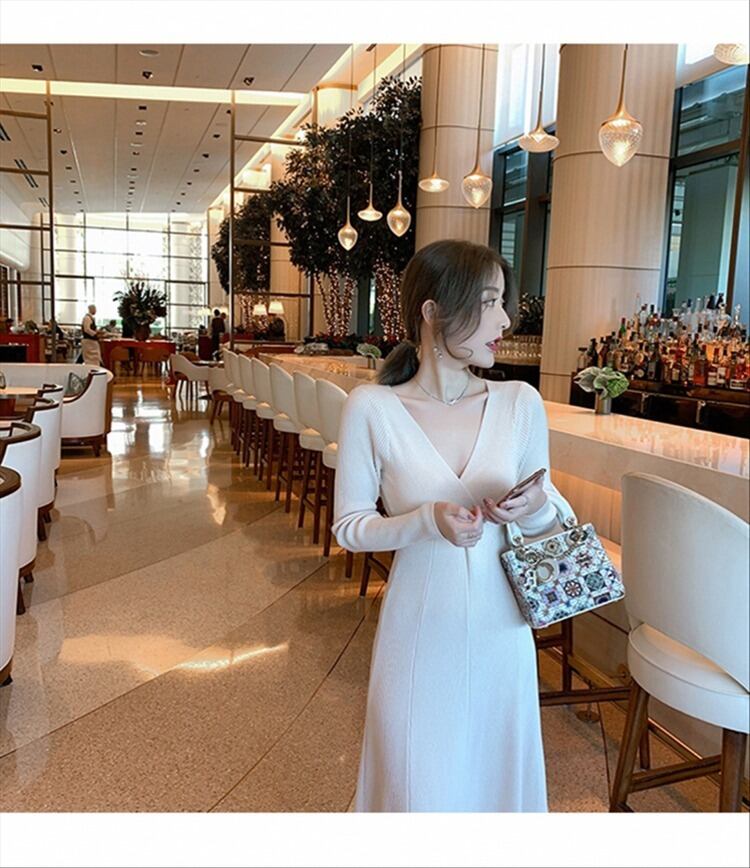 【dress】好感度UP!気質満点エレガントVネック知的着痩せニットワンピース G2291