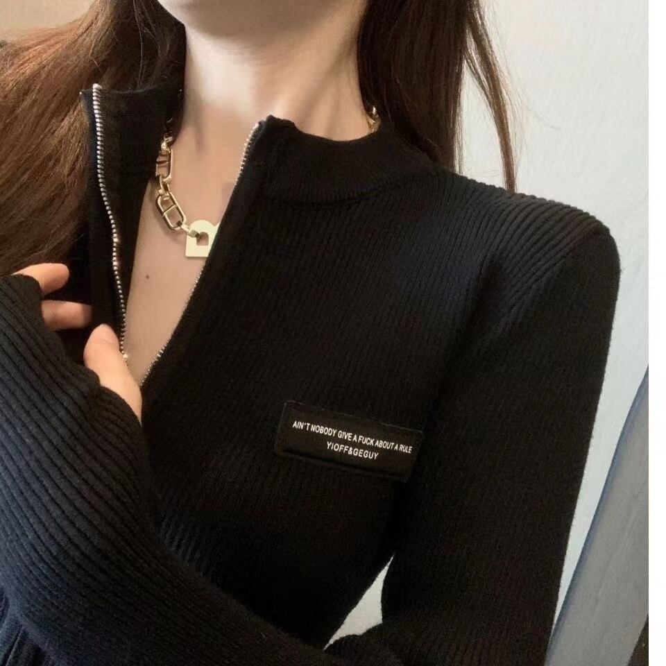 【dress】細身効果抜群♪韓国風INS風秋冬ファスナー長袖体型カバーニットワンピースF3523