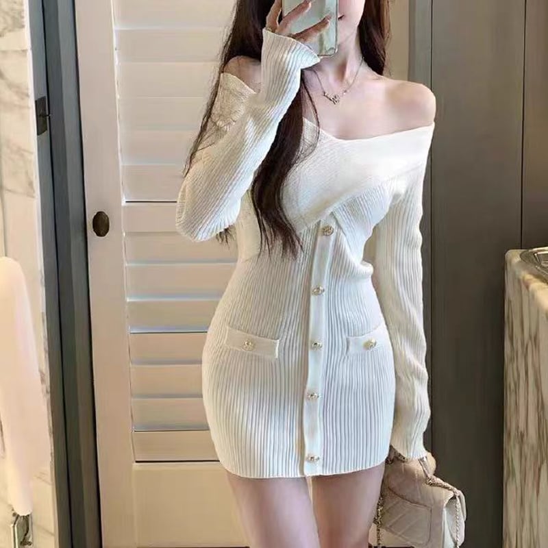 【dress】オフショルダーニットワンピース Q7594