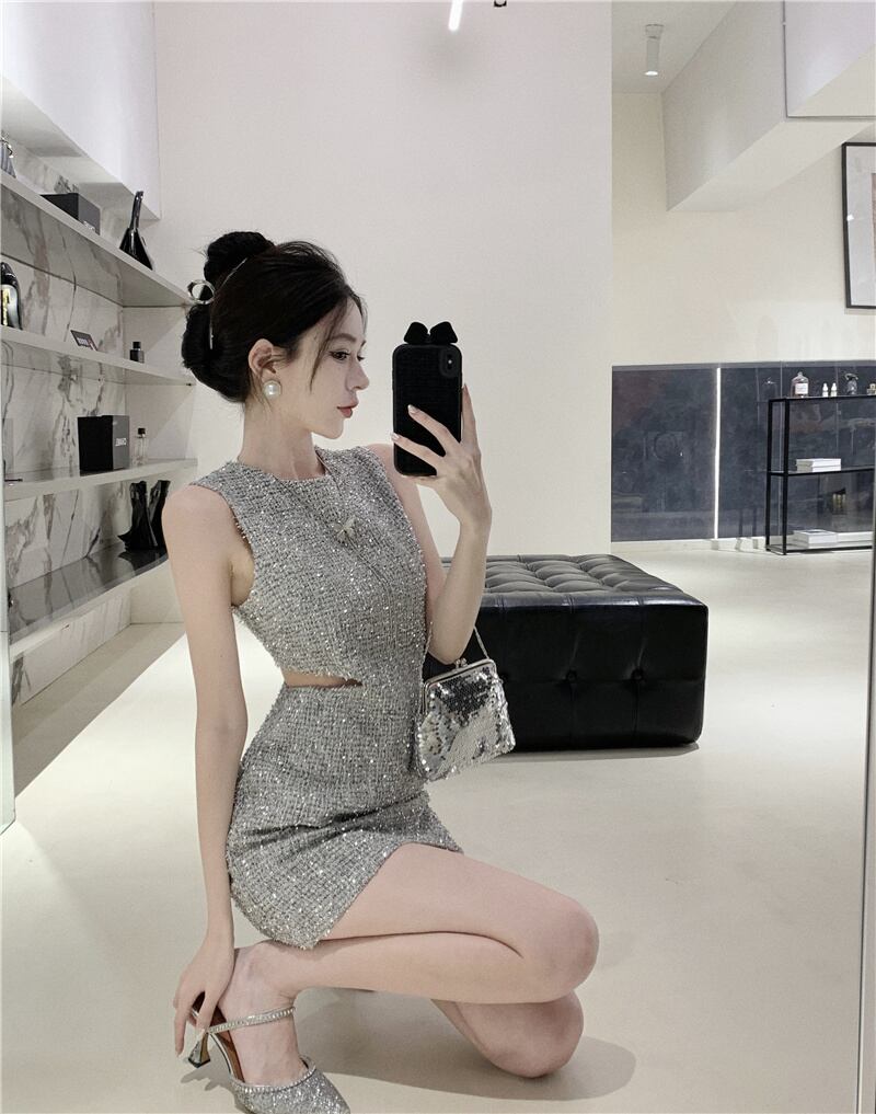 【dress】お値段以上！夏新作2色ラウンドネックノースリーブ二次会披露宴ワンピースF5558