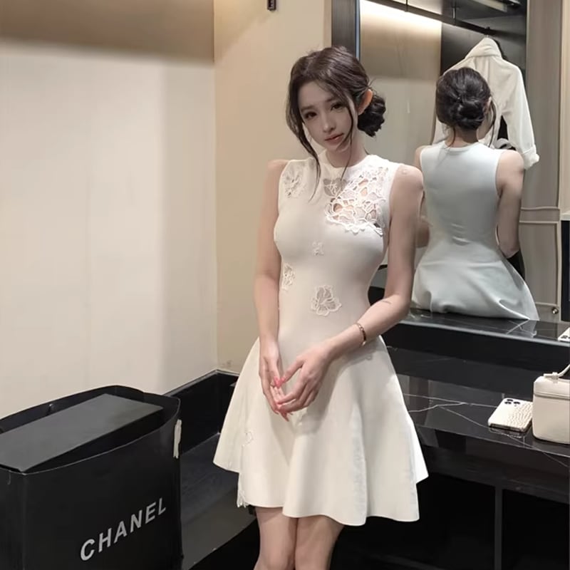 【dress】ノースリーブレースドッキングフレアニットワンピース Q7795